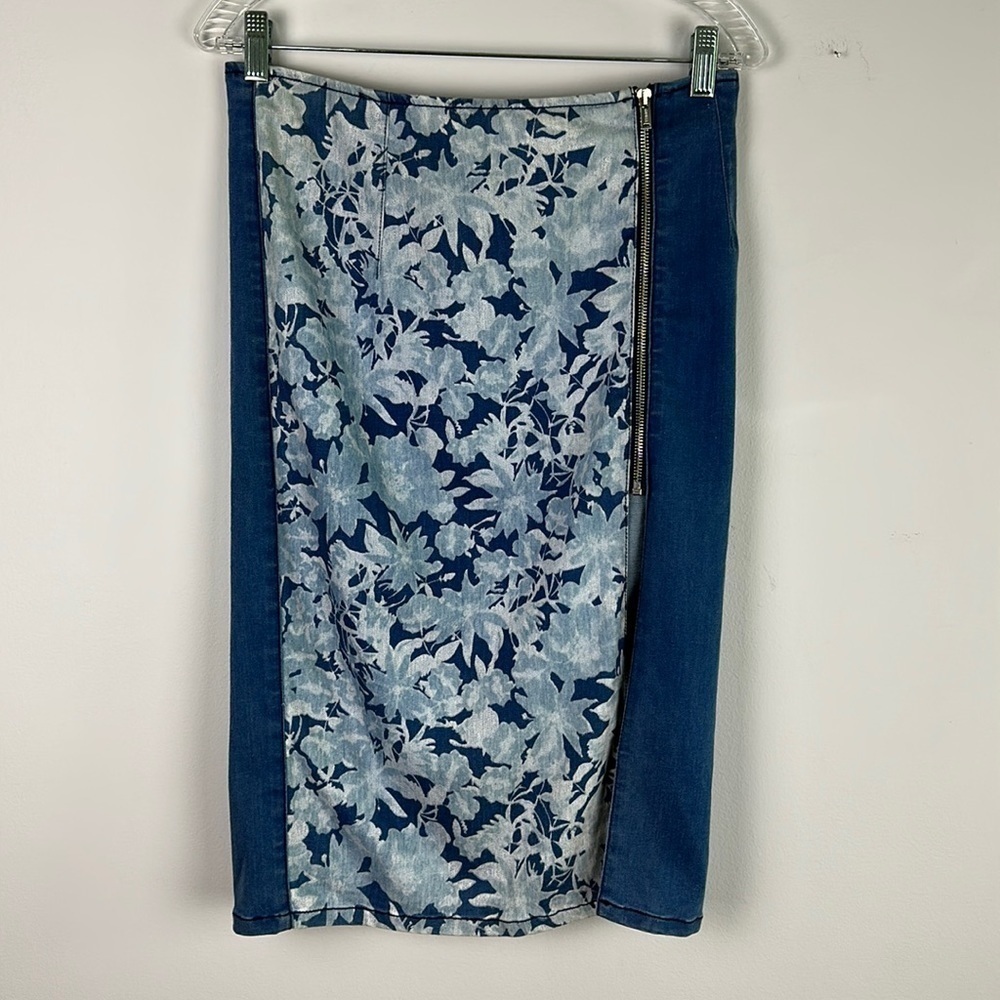 Vintage Guess Midi Stretch Denim Floral Exposd Zipper Y2K M Jean Pencil Skirt